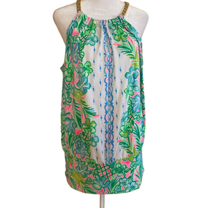 Lilly Pulitzer Bowen Halter Top Mini gold chain neckline Coconut Row print